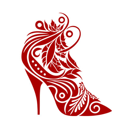 Red ornamental women's shoe with a high heel on white background. Design element for logo, poster, card, banner, emblem, sign. Monochrome vector illustration.のイラスト素材