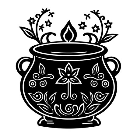 Ornamental cooking pot with a floral pattern. Design element for Halloween, poster, card, banner, emblem, sign. Isolated, black and white vector illustration.のイラスト素材