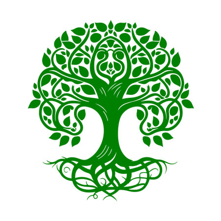 Beautiful curly green tree with roots. Monochrome vector illustration for mascot, sign, emblem, t-shirt, embroidery, crafting, sublimation, tattoo.のイラスト素材
