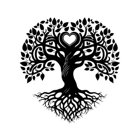 Ornamental tree of love - Yggdrasil with heart shape in the middle of the tree crown. Ornamental design for logo, mascot, sign, emblem, t-shirt, embroidery, crafting, sublimation,のイラスト素材
