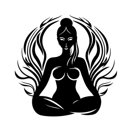 Silhouette of a girl sitting in a lotus position in a yoga class. Design element for emblem, mascot, sign, poster, card, logo, banner, tattoo.のイラスト素材