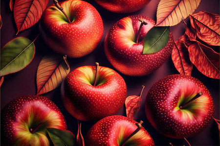 Juicy ripe red apples with leaves on a dark background.の素材