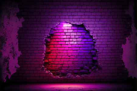 Grunge brick wall with cracked hole and purple neon light.の素材