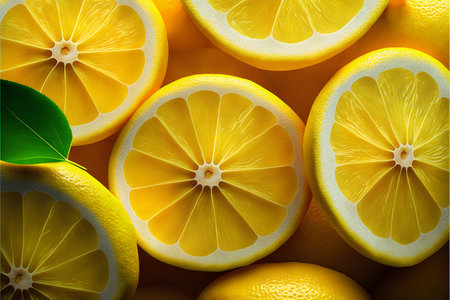 Lemon slices with leaves on a light background. close-up.の素材