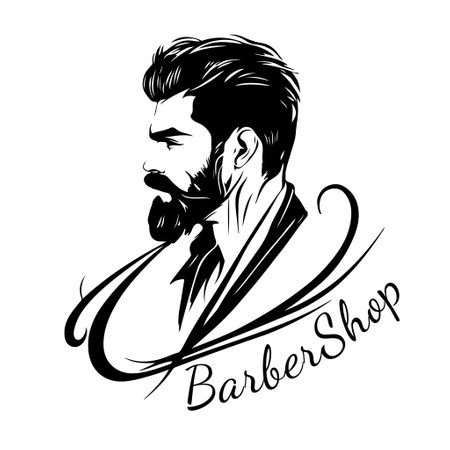 Logo for barbershop, men's hairstyle salon. Stylish man with haircut, beard and mustaches.のイラスト素材