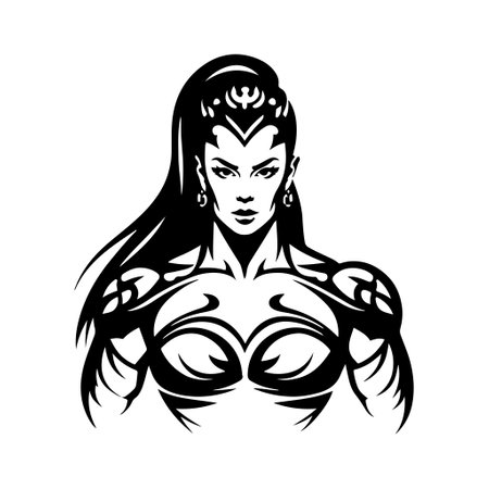 Beautiful fitness girl in tattoo style. Vector illustration isolated on white background for logo, emblem, mascot, sign.のイラスト素材