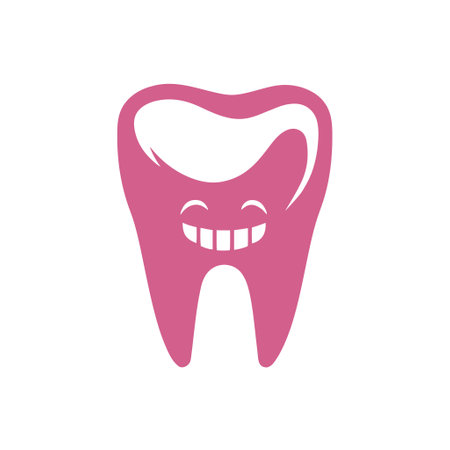Cheerful pink tooth mascot on white background. Vector illustration for dental care logo, pediatric clinic dentals.のイラスト素材