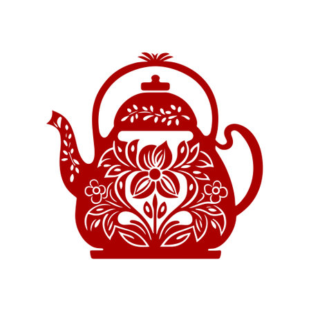 Red floral teapot with monochrome design - isolated vector illustration for elegant kitchen decor, perfect for tea lovers.のイラスト素材