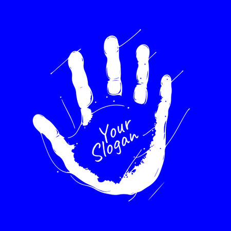 Illustration of a cute child handprint with your slogan inside. Symbol of hope, safety, joy, education. Vector illustration on blue background.のイラスト素材