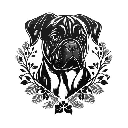 Boxer dog head with floral wreath. grayscale vector illustration.のイラスト素材