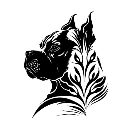 Boxer dog head with tribal ornaments. Design element for pet nameplate, keychain, pyrography, poster, card, banner, emblem, sign. Monochrome vector illustration, isolated.のイラスト素材