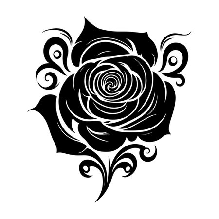 Elegant rose design element for versatile creative projects. Perfect for tattoos, embroidery, pyrography, and wall art. Decorative vector illustration, isolated.のイラスト素材