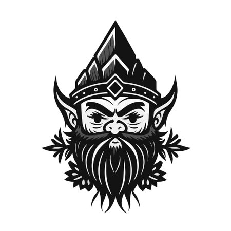 Fierce fairy tale gnome warrior with a iron helmet and a bushy beard. Vector illustration perfect for fantasy-themed designs, gaming graphics, children's book illustrations.のイラスト素材