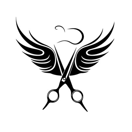 Ornamental scissors with wings in a simple vector style. Symbol of hairdressers, barbershops, and salons. Vector illustration perfect for beauty, haircare, and grooming designs.のイラスト素材