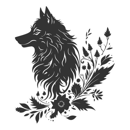 Adorable wolf cub amidst blooming flowers and leaves. Monochrome vector illustration for designs related to nature, wildlife, children, and gardening. isolated on white.のイラスト素材