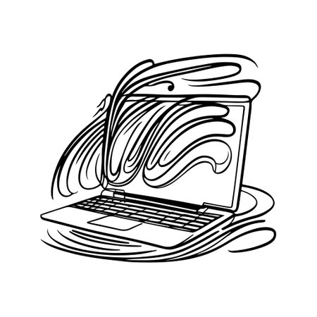 Refined line-art laptop computer with minimalist design. Black and white vector illustration, isolated on white background. Perfect for technology, business, education.のイラスト素材