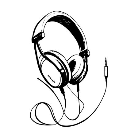 Over-ear wired headphones with intricate line art design. Monochromatic vector illustration perfect for music, tech, and entertainment-related projects. isolated on white.のイラスト素材