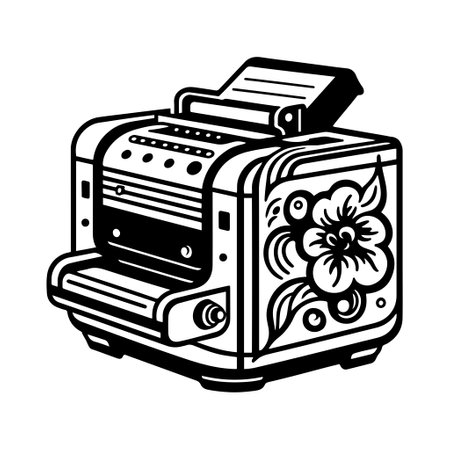 Vintage laser printer with ornate floral motif. Monochrome vector illustration, great for graphic design, print advertising, and technology-related projects.のイラスト素材