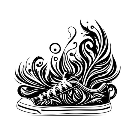 Trendy sneakers adorned with intricate floral pattern. Versatile black and white vector illustration suitable for footwear, fashion, and lifestyle design projects.のイラスト素材