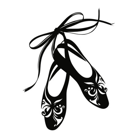 Elegant ballet shoes with bow ribbons. Monochrome vector illustration, perfect for dance studio, ballet classes, and dancewear designs.のイラスト素材