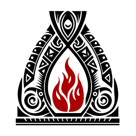 Tribal style vector illustration of burning bonfire on white background. Ideal for camping, outdoor adventure, and other related designs.のイラスト素材