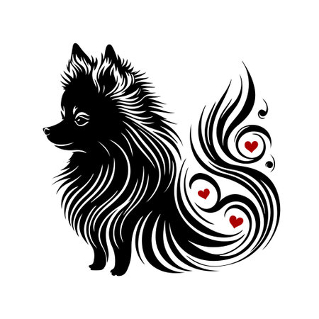 Delightful ornamental Pomeranian dog with floral pattern. Black and white vector illustration perfect for pet products, pet grooming, and other related designs.のイラスト素材