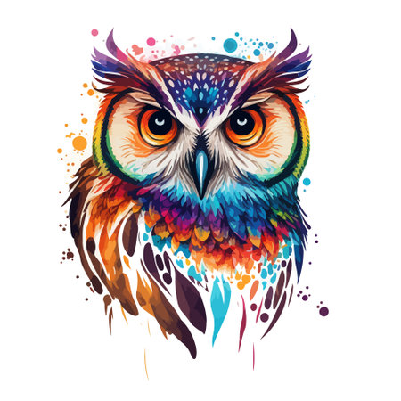 Striking owl portrait in wpap and pop art style with vibrant colors. Printable design for wall art, t-shirts, mugs, phone cases, and more. Ideal for anyone who loves owls and birdsのイラスト素材
