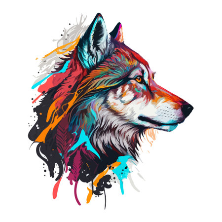 Striking wolf portrait in mix of wpap, pop art, and abstract fusion style. Printable design for wall art, t-shirts, mugs, phone cases, and more.のイラスト素材