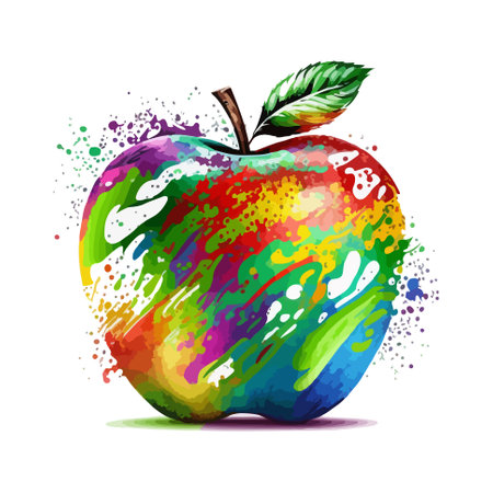 Fresh apple with green leaf and vibrant paint splashes. Printable design for versatile use on wall art, apparel, and accessories. Ideal for food, beverage, and health designs.のイラスト素材