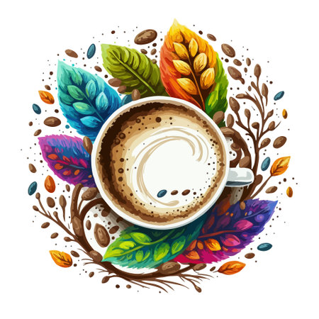 Coffee cup adorned with autumn leaves in paint splash style. Printable design for versatile use on wall art, apparel, and accessories.のイラスト素材