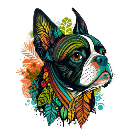 Colorful and Whimsical Boston Terrier Dog Portrait with Floral Accents. Abstract Vector Illustration for Print on Demand, Wall Art, and More.のイラスト素材