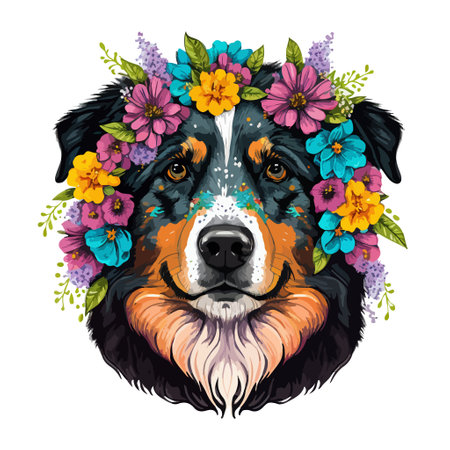 Colorful Australian Shepherd Dog Portrait with Floral Accents. Unique WPAP & Pop Art Style Vector Illustration. Ideal for Wall Art, Apparel, Home Decor, and Accessories.のイラスト素材