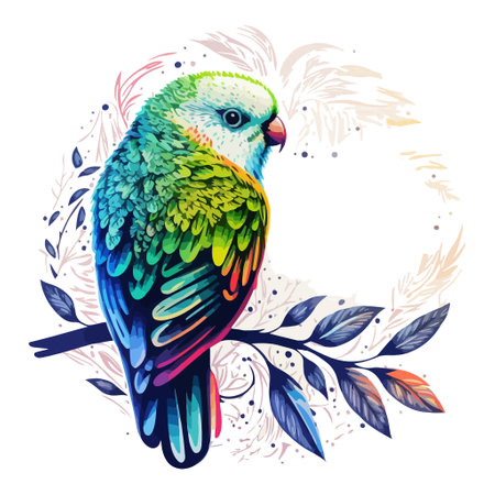 Colorful Budgie Portrait on a Tree Branch with WPAP and Pop Art Flair. Abstract Vector Illustration for Print on Demand, Wall Art, and More.のイラスト素材