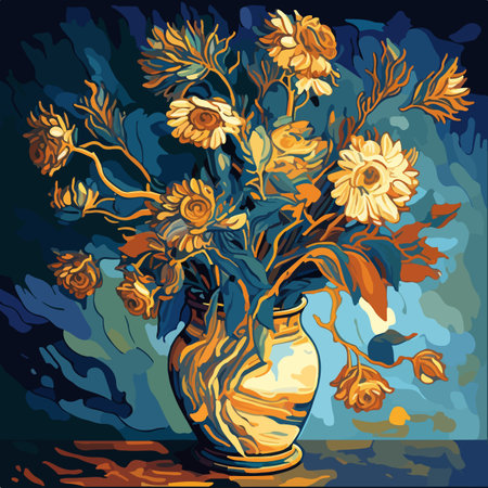 Vibrant floral arrangement in a clay pot reminiscent of Van Gogh's artistry. Ideal for wall art, home decor, floral design, and more.のイラスト素材