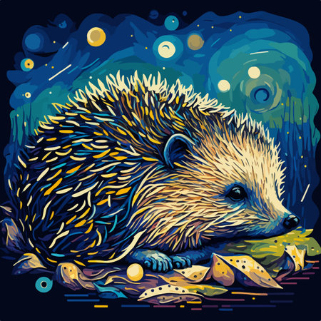 Adorable hedgehog in a magical forest at night. Colorful vector illustration ideal for nursery decor, wall art, greeting cards and nature-themed designs.のイラスト素材