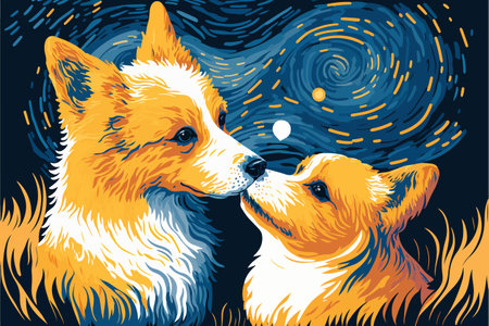 Two Corgi dogs under starry sky, Van Gogh-inspired vector art. Bright and picturesque design perfect for pet-related designs, wall art, and home decor.の素材 [FY310203072447]