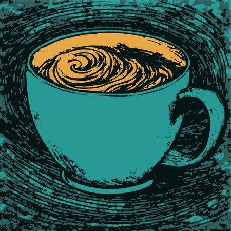 Whimsical coffee cup on gritty backdrop. Artistic vector illustration with a touch of fun. Ideal for food, beverage, and cafe-inspired designs.のイラスト素材