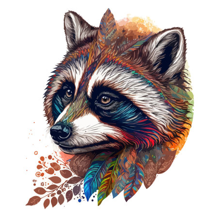 Vibrant raccoon portrait with feathers and leaves. Colorful watercolor-style vector illustration perfect for animal lovers, nature, wildlife, and artistic designs.のイラスト素材