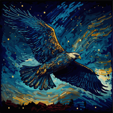 Starry Flight. A majestic eagle soars through a Van Gogh-inspired starry sky in this colorful vector...