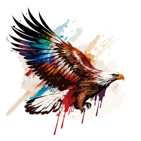 Abstract flying eagle with wings spread. Colorful illustration with bright paint splatter. Printable design for wall art, posters, t-shirts, mugs, cases, etc.のイラスト素材