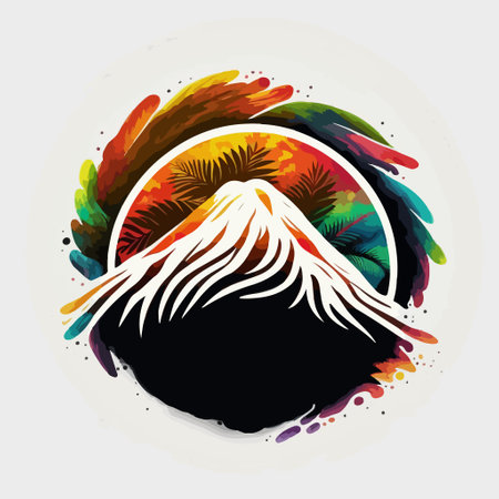 Mount Fuji, a colorful, decorative emblem with bright colors and paint splatter. Printable design for wall art, posters, t-shirts, mugs, cases, etc.のイラスト素材