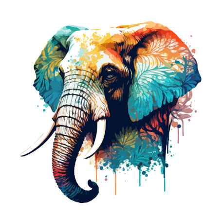 Pictorial elephant portrait with bright abstract paint splatter. Ornate vector illustration for wall art, posters, banners, t-shirts, mugs, cases, etc.のイラスト素材