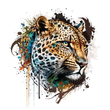 A pictorial portrait of a predatory leopard. Ornamental vector illustration with colorful paint splatter. Scalable design for wall art, posters, banners, t-shirts, mugs, cases, etcのイラスト素材