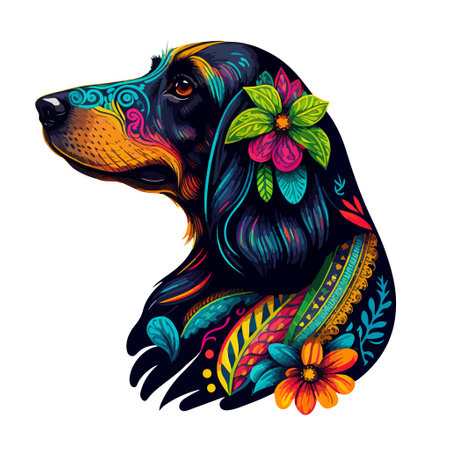 Bright floral Dachshund dog portrait. Ornate vector design for wall art, posters, banners, t-shirts, mugs, cases.のイラスト素材