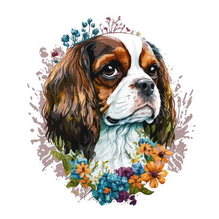 Picturesque portrait of a cute Cavalier King Charles Spaniel dog surrounded by beautiful flowers. Printable design for wall art, posters, banners, t-shirts, mugs, cases.のイラスト素材