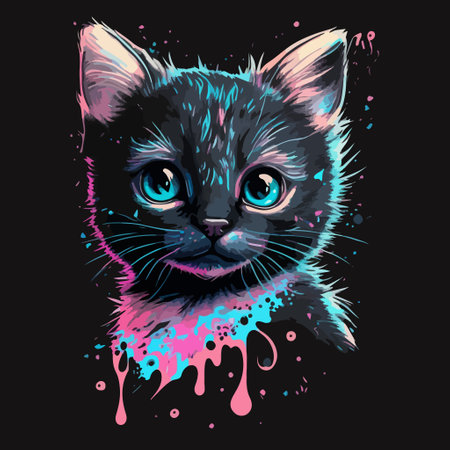 Whimsical black cat with blue eyes. Vector illustration with playful pink splashes and blots on dark background.のイラスト素材