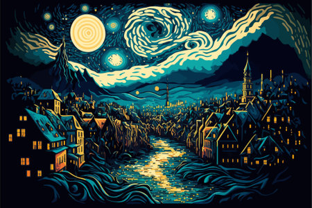 A painting of a town with a river, night sky and the moon above it. Vector illustration that parodies Van Gogh's artistic style.のイラスト素材