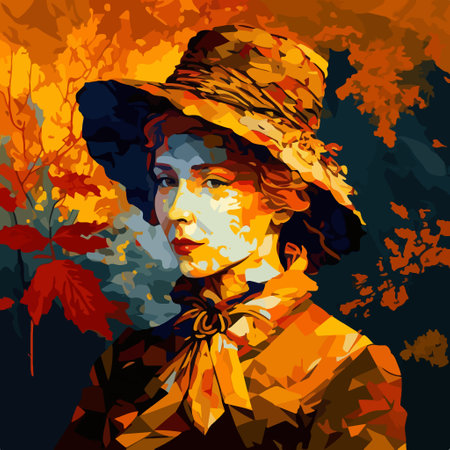 An artistic portrait of a beautiful woman wearing a hat and coat. Vector illustration in warm colors with low polygon pattern.のイラスト素材