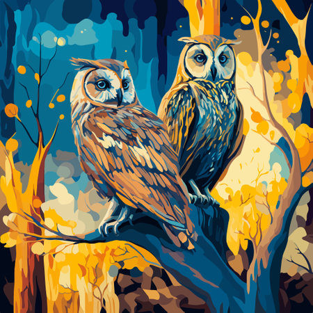 A painting of two owls sitting on top of a tree in the autumn forest. Vibrant and artistic vector illustration.のイラスト素材