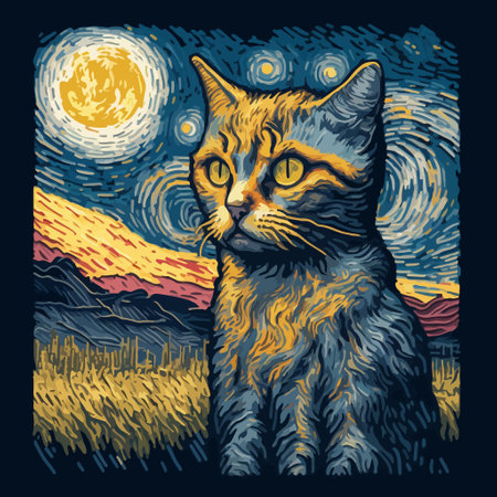A painting of a cat that is sitting in the grass with a starry night sky in the background. Colorful...